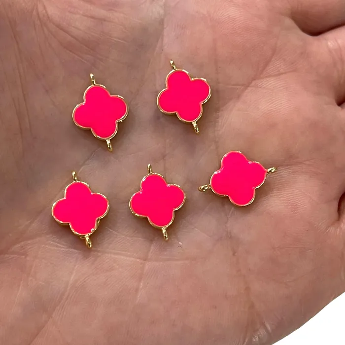24Kt Gold Plated Neon Pink Enamelled Clover Connector Double Loop Charms 5 pcs in a Pack Peppy Beads Earrings 24Kt Gold Plated Neon Pink Enamelled Clover Connector Double Loop Charms 5 pcs in a Pack Peppy Beads Earrings