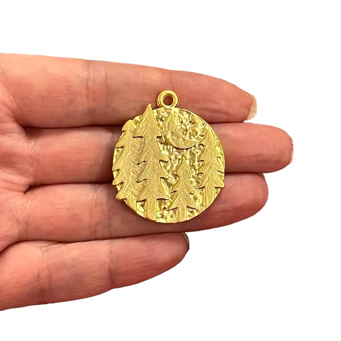 24Kt Matte Gold Plated Forest Moon Pendant Peppy Beads Necklaces