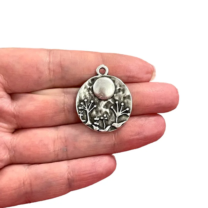 Antique Silver Plated Full Moon and Trees Charm Silver Moon and Trees Charm Peppy Beads Necklaces Antique Silver Plated Full Moon and Trees Charm Silver Moon and Trees Charm Peppy Beads Necklaces