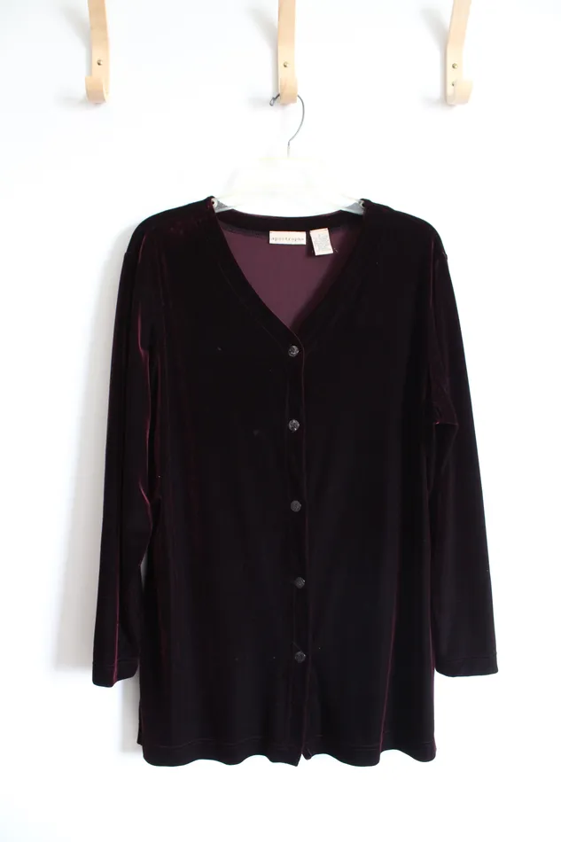 Apostrophe Wine Red Velvet Long Sleeved Button Down Top L Apostrophe Earrings Apostrophe Wine Red Velvet Long Sleeved Button Down Top L Apostrophe Earrings