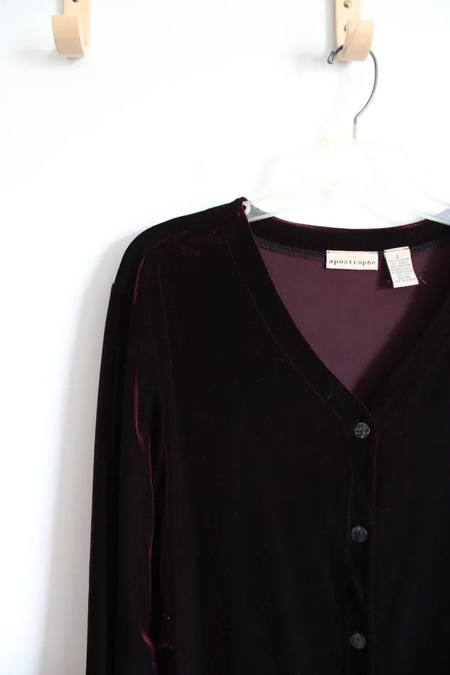 Apostrophe Wine Red Velvet Long Sleeved Button Down Top L Apostrophe Earrings