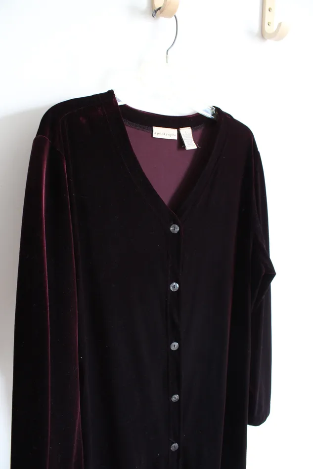 Apostrophe Wine Red Velvet Long Sleeved Button Down Top L Apostrophe Earrings