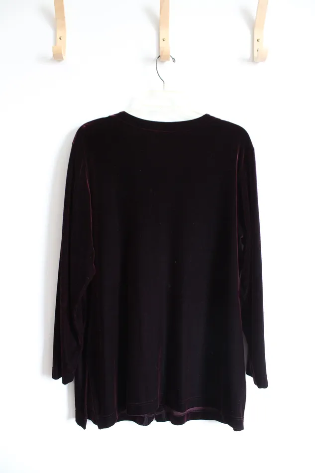 Apostrophe Wine Red Velvet Long Sleeved Button Down Top L Apostrophe Earrings
