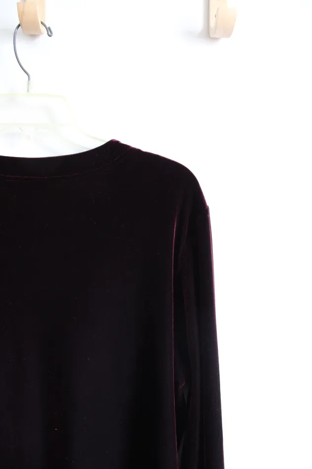 Apostrophe Wine Red Velvet Long Sleeved Button Down Top L Apostrophe Earrings