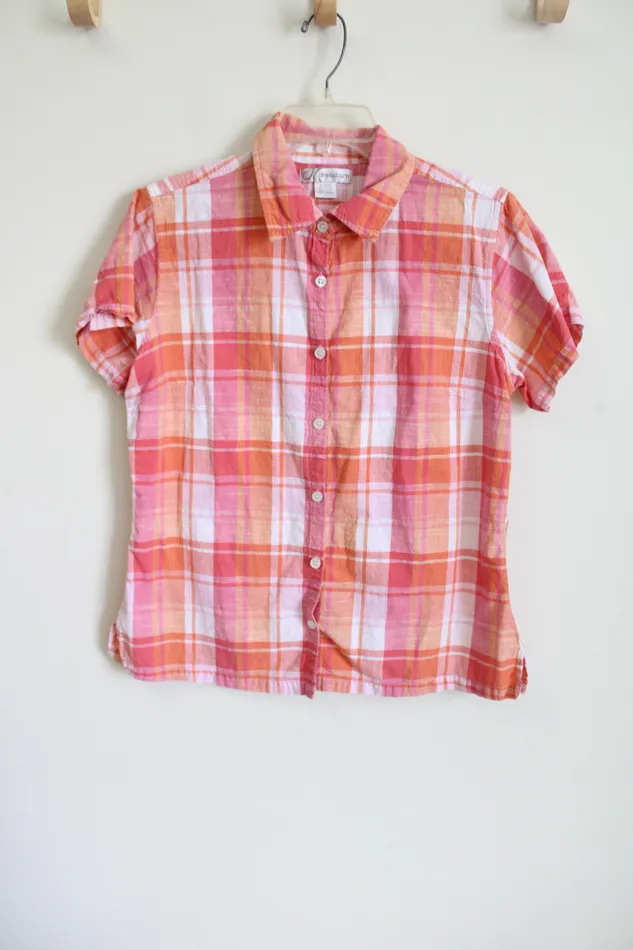 Dressbarn Pink Orange Plaid Button Down Shirt L Dressbarn Earrings