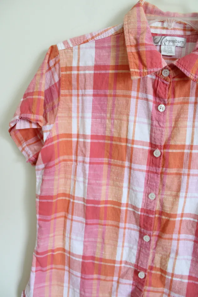 Dressbarn Pink Orange Plaid Button Down Shirt L Dressbarn Earrings