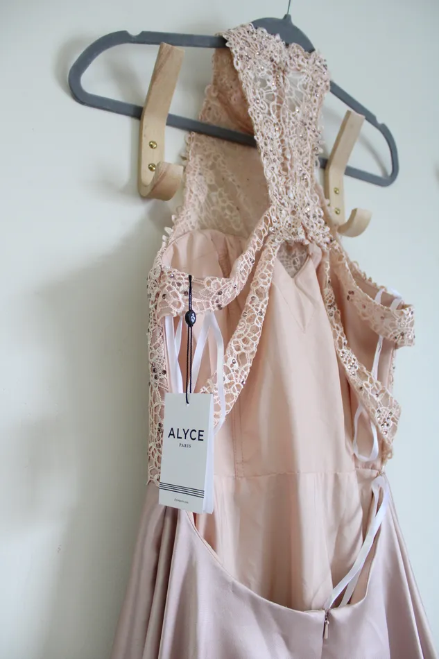 Earrings Alyce NEW Alyce Rose Taupe Pink Lace Top Formal Long Dress 8