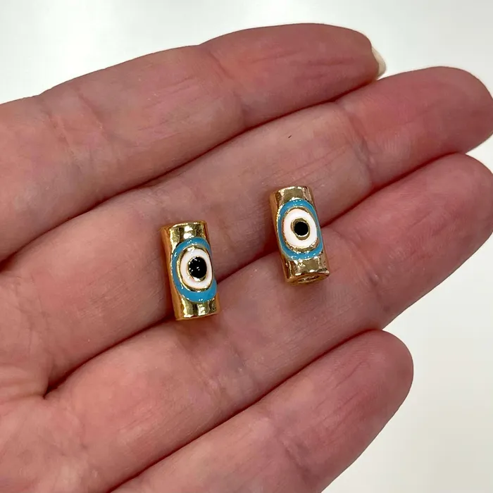 Earrings Peppy Beads 24Kt Gold Plated 12x6mm Evil Eye Turquoise Enamelled Tube Spacers 2 pcs in a pack Earrings Peppy Beads 24Kt Gold Plated 12x6mm Evil Eye Turquoise Enamelled Tube Spacers 2 pcs in a pack