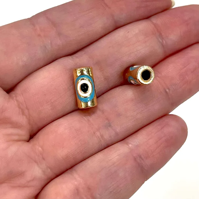 Earrings Peppy Beads 24Kt Gold Plated 12x6mm Evil Eye Turquoise Enamelled Tube Spacers 2 pcs in a pack
