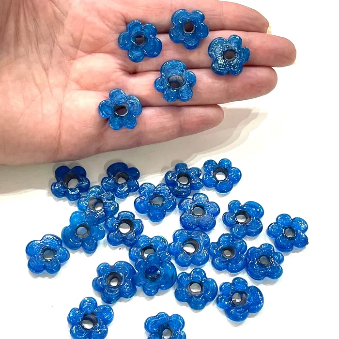 Hand Made Murano Glass Large Hole Tp Blue Flower Beads 50 Beads in a pack Peppy Beads Earrings Hand Made Murano Glass Large Hole Tp Blue Flower Beads 50 Beads in a pack Peppy Beads Earrings