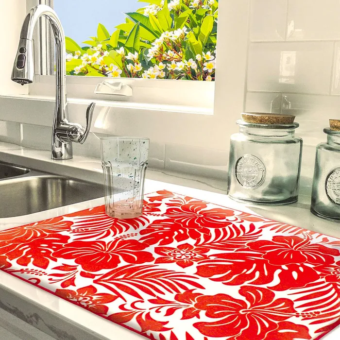 Hibiscus Floral Microfiber Drying Mat Red MADDENCORP Rings