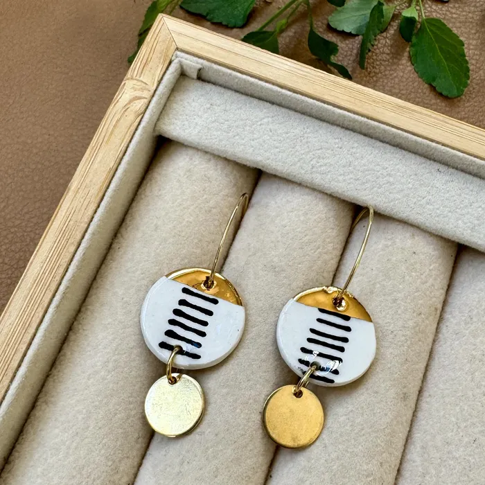 Hoop Dangle Earrings White and Stripes CREATE CERAMICS Earrings