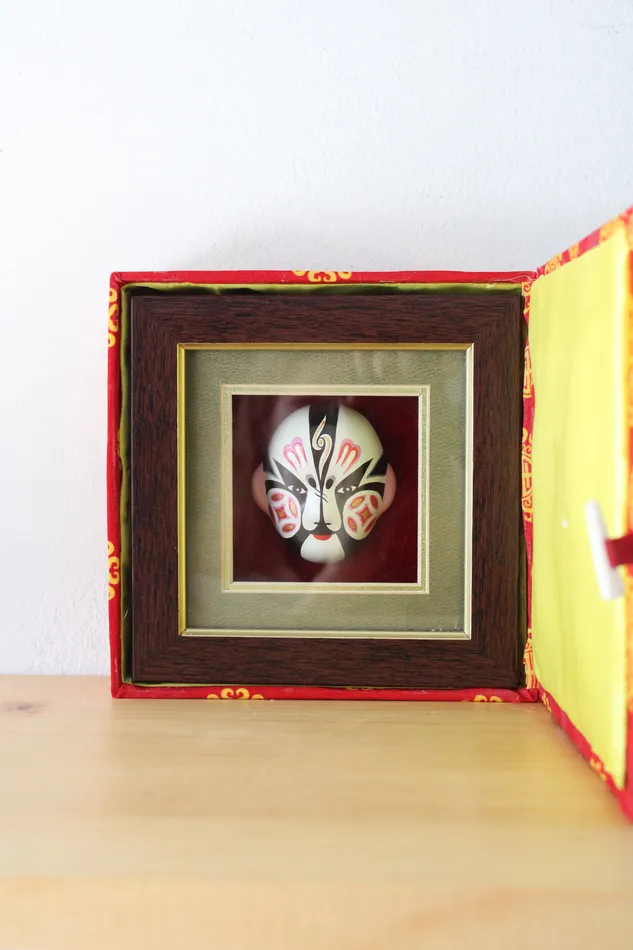 Jubilee Thrift Earrings Clay Figure Chinese Mini Opera Mask Zhang Lingsu in Shadow Box
