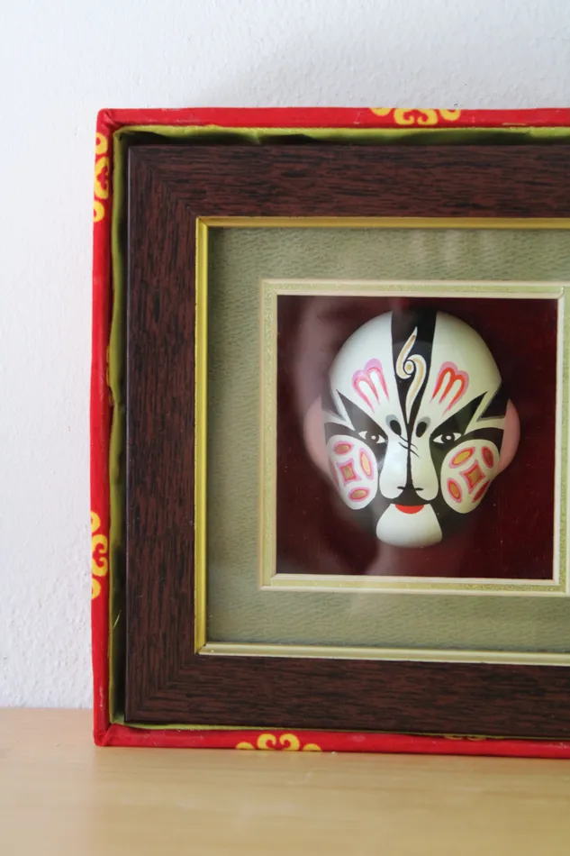 Jubilee Thrift Earrings Clay Figure Chinese Mini Opera Mask Zhang Lingsu in Shadow Box