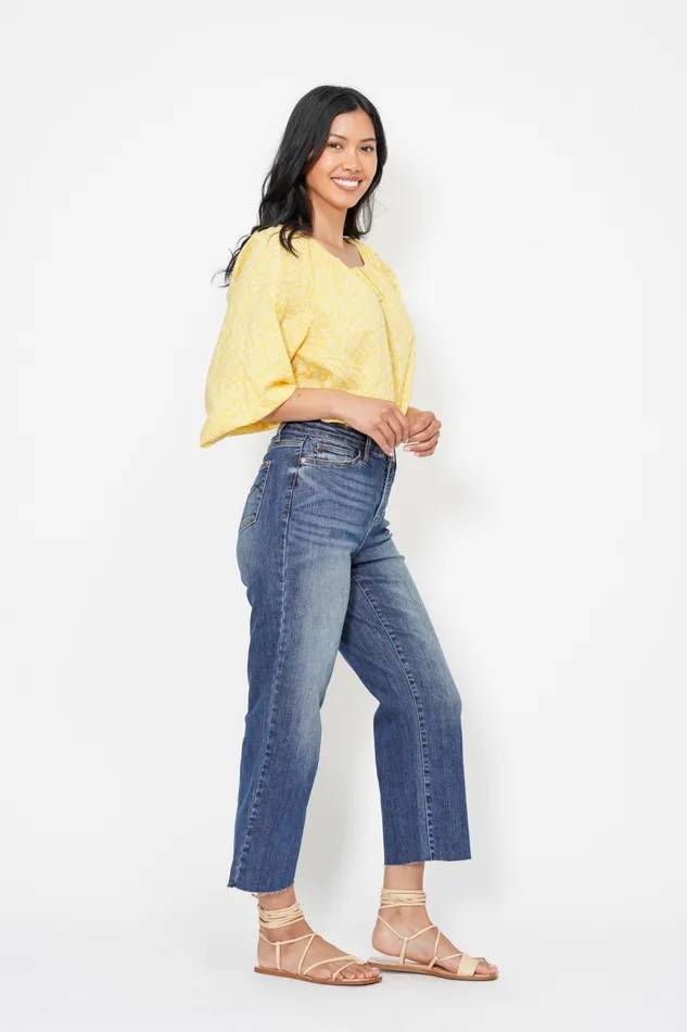 JUDY BLUE JUDY BLUE HIGH WAIST POCKET EMBROIDERED CROP WIDE JEAN DARK STONE Rings