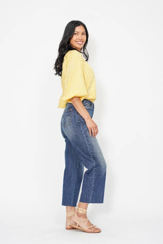 JUDY BLUE JUDY BLUE HIGH WAIST POCKET EMBROIDERED CROP WIDE JEAN DARK STONE Rings