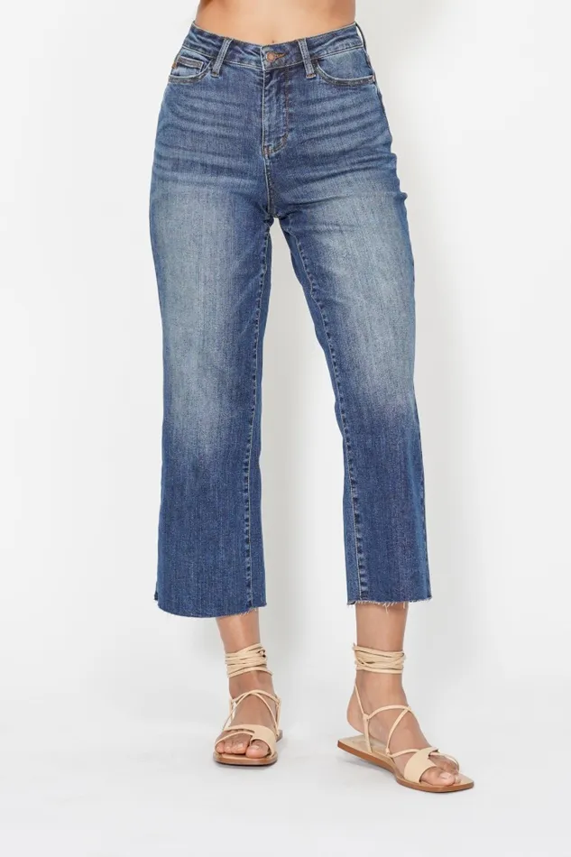 JUDY BLUE JUDY BLUE HIGH WAIST POCKET EMBROIDERED CROP WIDE JEAN DARK STONE Rings
