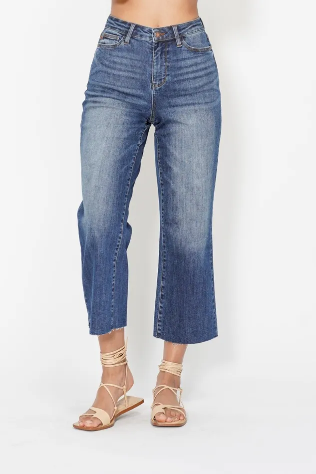 JUDY BLUE JUDY BLUE HIGH WAIST POCKET EMBROIDERED CROP WIDE JEAN DARK STONE Rings