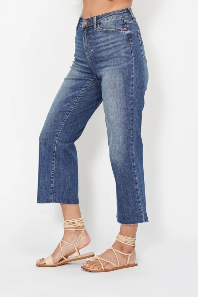 JUDY BLUE JUDY BLUE HIGH WAIST POCKET EMBROIDERED CROP WIDE JEAN DARK STONE Rings