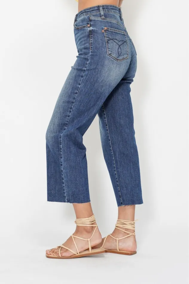 JUDY BLUE JUDY BLUE HIGH WAIST POCKET EMBROIDERED CROP WIDE JEAN DARK STONE Rings