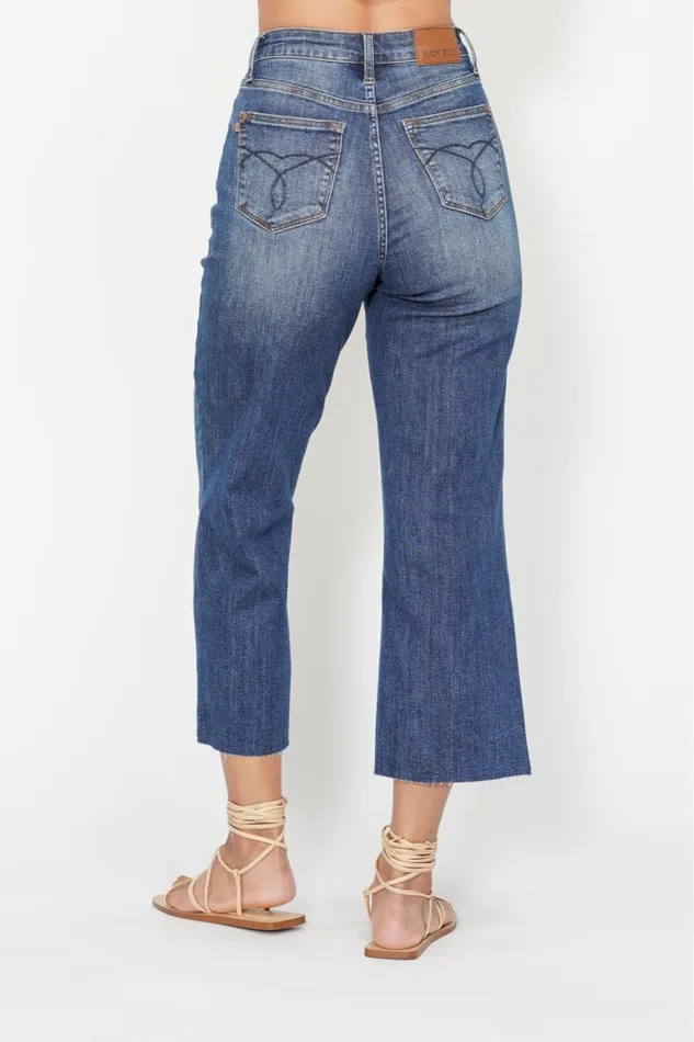 JUDY BLUE JUDY BLUE HIGH WAIST POCKET EMBROIDERED CROP WIDE JEAN DARK STONE Rings