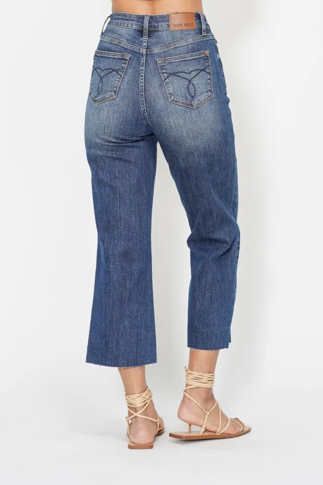 JUDY BLUE JUDY BLUE HIGH WAIST POCKET EMBROIDERED CROP WIDE JEAN DARK STONE Rings