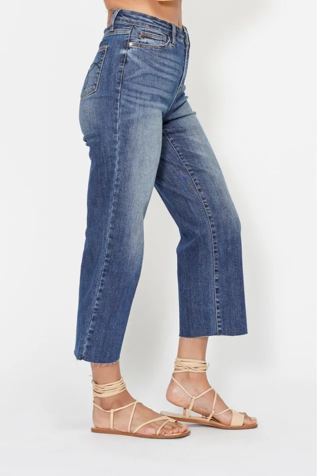 JUDY BLUE JUDY BLUE HIGH WAIST POCKET EMBROIDERED CROP WIDE JEAN DARK STONE Rings