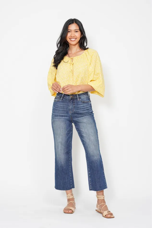JUDY BLUE JUDY BLUE HIGH WAIST POCKET EMBROIDERED CROP WIDE JEAN DARK STONE Rings