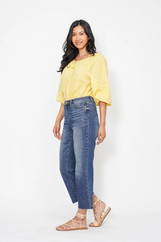 JUDY BLUE JUDY BLUE HIGH WAIST POCKET EMBROIDERED CROP WIDE JEAN DARK STONE Rings