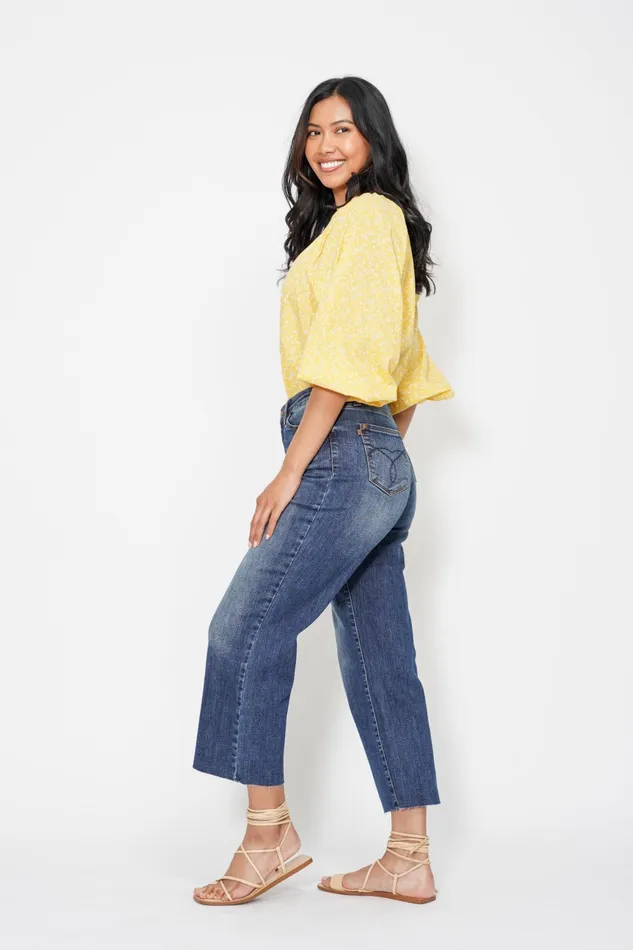 JUDY BLUE JUDY BLUE HIGH WAIST POCKET EMBROIDERED CROP WIDE JEAN DARK STONE Rings