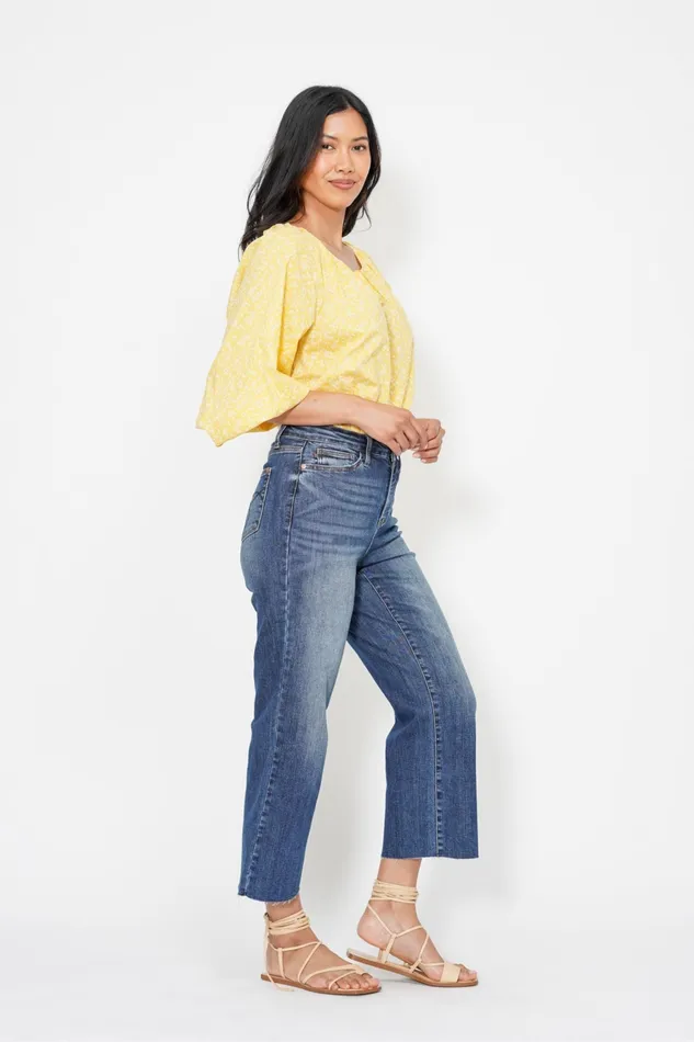 JUDY BLUE JUDY BLUE HIGH WAIST POCKET EMBROIDERED CROP WIDE JEAN DARK STONE Rings