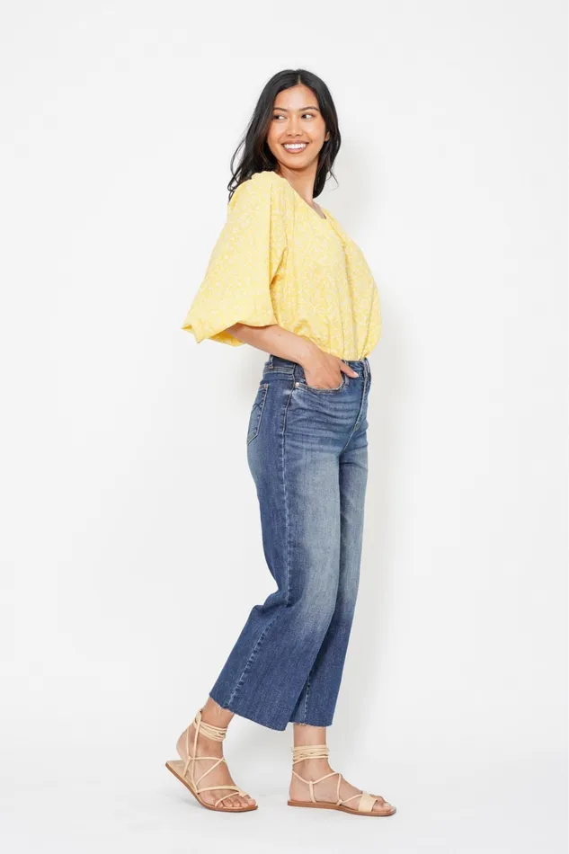 JUDY BLUE JUDY BLUE HIGH WAIST POCKET EMBROIDERED CROP WIDE JEAN DARK STONE Rings