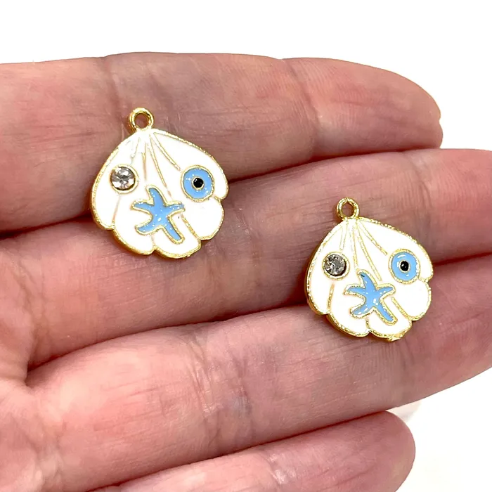 Necklaces Peppy Beads 24Kt Gold Plated Enamelled Oyster Charms with Clear Zirconia Starfish and Eye Necklaces Peppy Beads 24Kt Gold Plated Enamelled Oyster Charms with Clear Zirconia Starfish and Eye