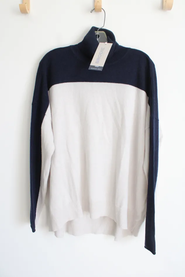 NEW Brodie Cashmere Navy White Colorblocked Knit Turtleneck Sweater XL Brodie Rings