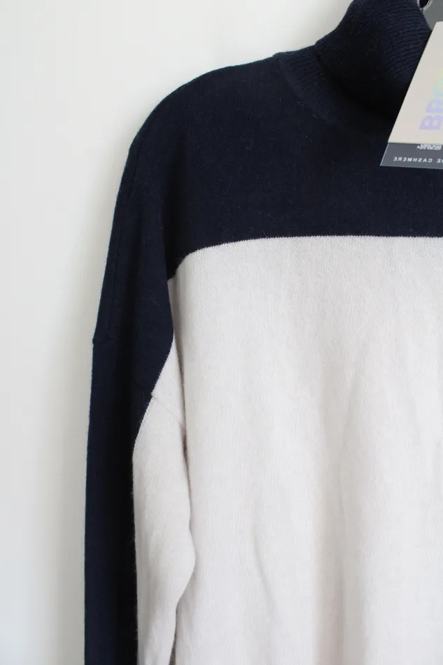 NEW Brodie Cashmere Navy White Colorblocked Knit Turtleneck Sweater XL Brodie Rings