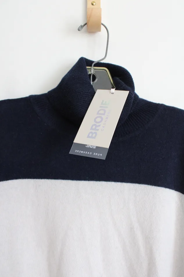 NEW Brodie Cashmere Navy White Colorblocked Knit Turtleneck Sweater XL Brodie Rings