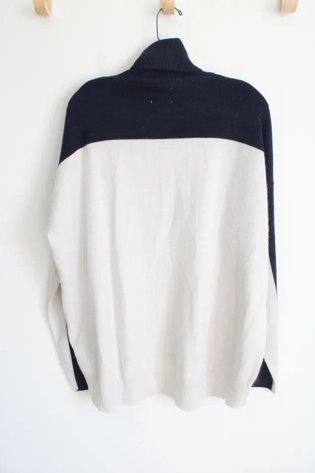 NEW Brodie Cashmere Navy White Colorblocked Knit Turtleneck Sweater XL Brodie Rings