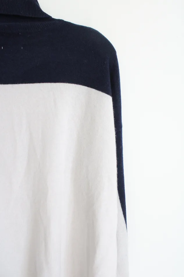 NEW Brodie Cashmere Navy White Colorblocked Knit Turtleneck Sweater XL Brodie Rings