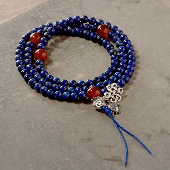 Nirvana Mala Stretchy Lapis Mala with Carnelian Markers Necklaces