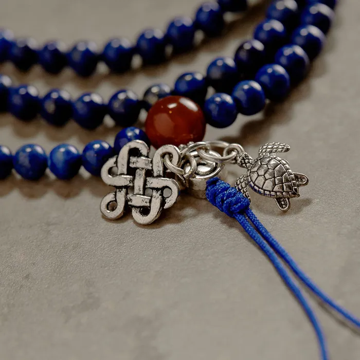 Nirvana Mala Stretchy Lapis Mala with Carnelian Markers Necklaces