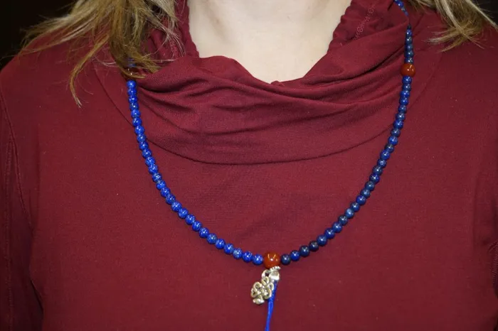 Nirvana Mala Stretchy Lapis Mala with Carnelian Markers Necklaces