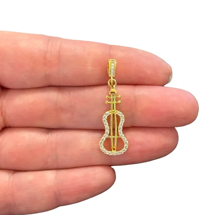 Peppy Beads 24Kt Gold Plated CZ Micro Pave Violin Charm Charm Necklaces