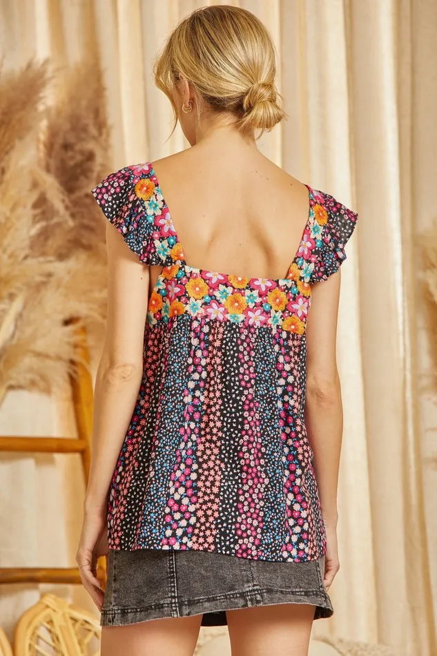 Rings ANDREE BY UNIT FLORAL PRINT EMBROIDERY TOP BLACK MULTI COLOR