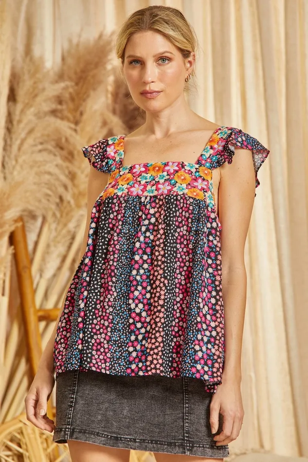 Rings ANDREE BY UNIT FLORAL PRINT EMBROIDERY TOP BLACK MULTI COLOR