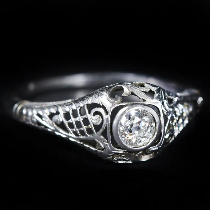 Rings ES Nacht Art Deco 18K White Gold 036 Carat Old Mine Cut Diamond Engagement Ring