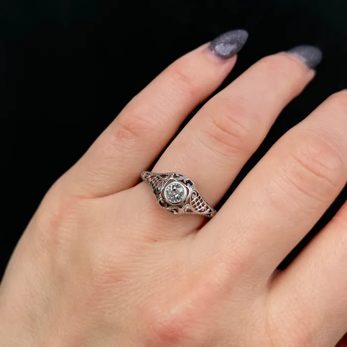 Rings ES Nacht Art Deco 18K White Gold 036 Carat Old Mine Cut Diamond Engagement Ring
