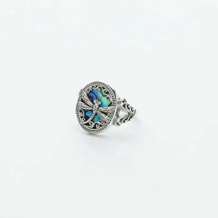 Rings Tiger Mountain Dragonfly Ring with Paua Shell Background in Silver