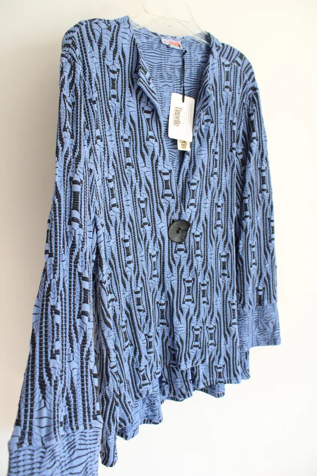 Tianello Rings NEW Tianello By Steve Barraza Ukah Knit Jacquard Tobie Blue Black Patterned Cardigan XL