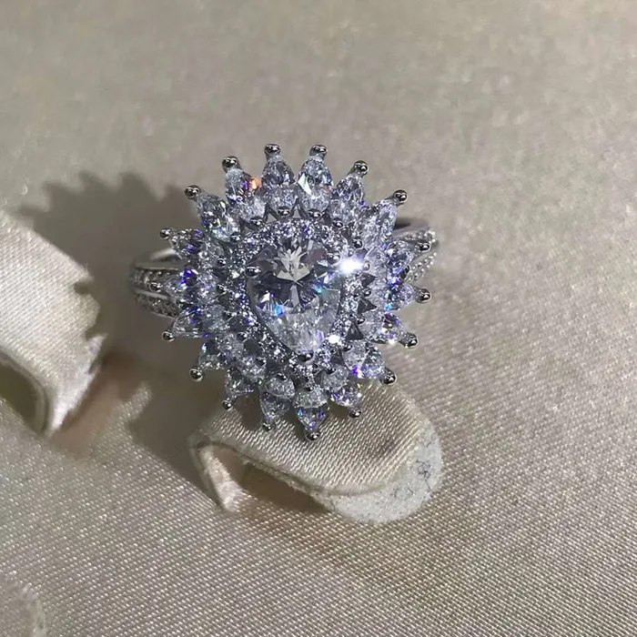 1 Carat Pear Cut Moissanite Ring Beadset Band Double Halo Starburst Beadset Leyloon Jewelry Rings