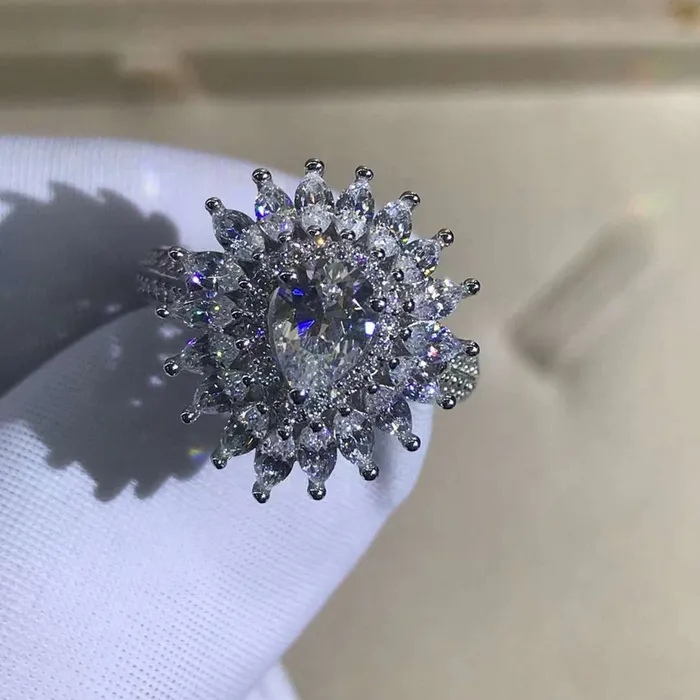 1 Carat Pear Cut Moissanite Ring Beadset Band Double Halo Starburst Beadset Leyloon Jewelry Rings